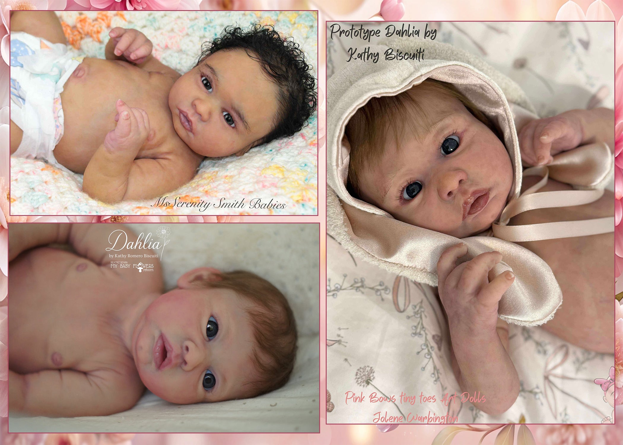 Collage of three images of a baby doll with different hairstyles and outfits.